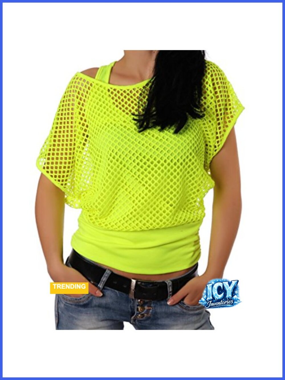 Off Shoulder Neon Fishnet Tee Shirt 80s Costume Top